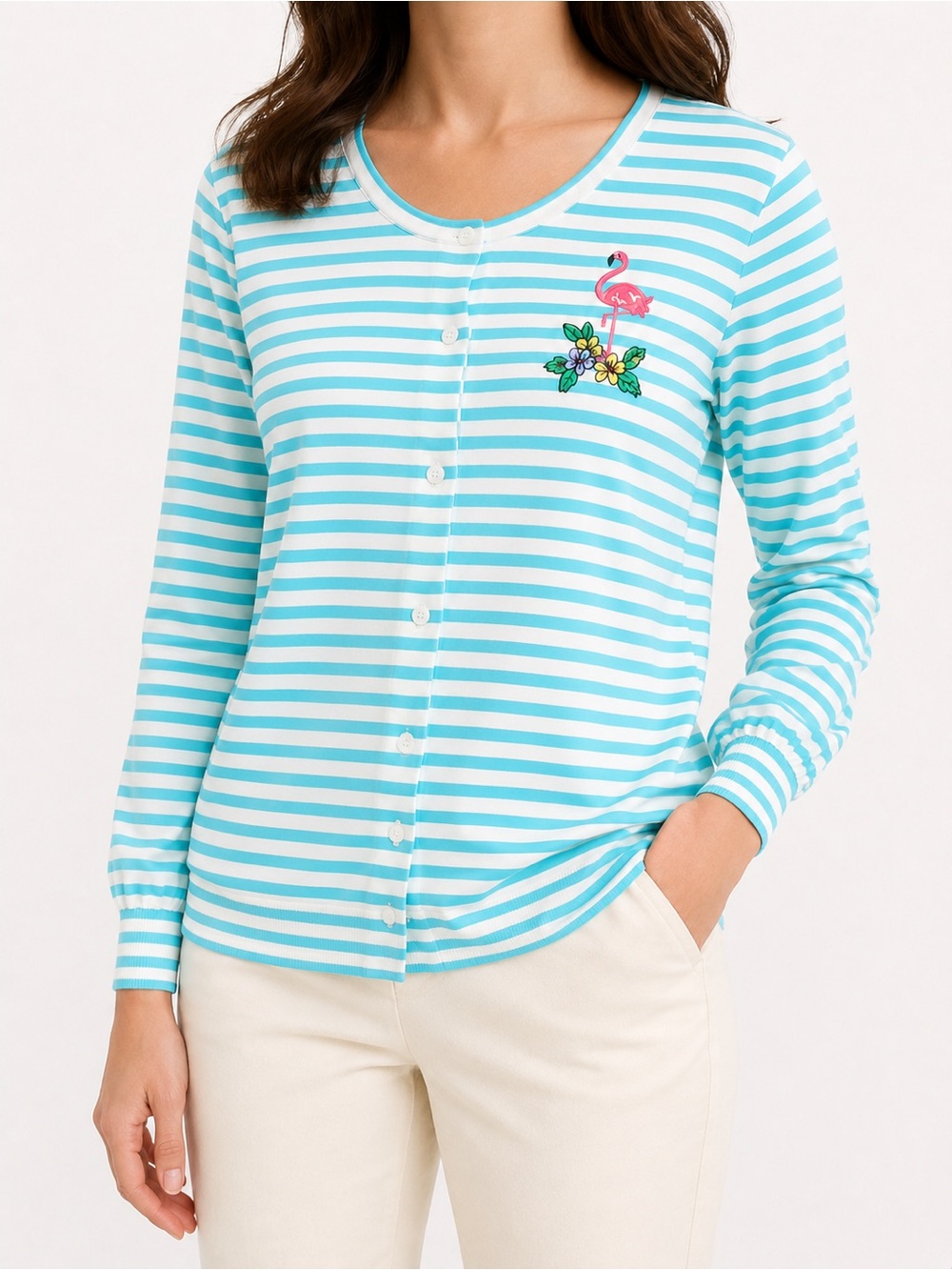 Talbots Flamingo‎ Embroidered Cardigan Blue White Stripe Coastal Grandma Medium
